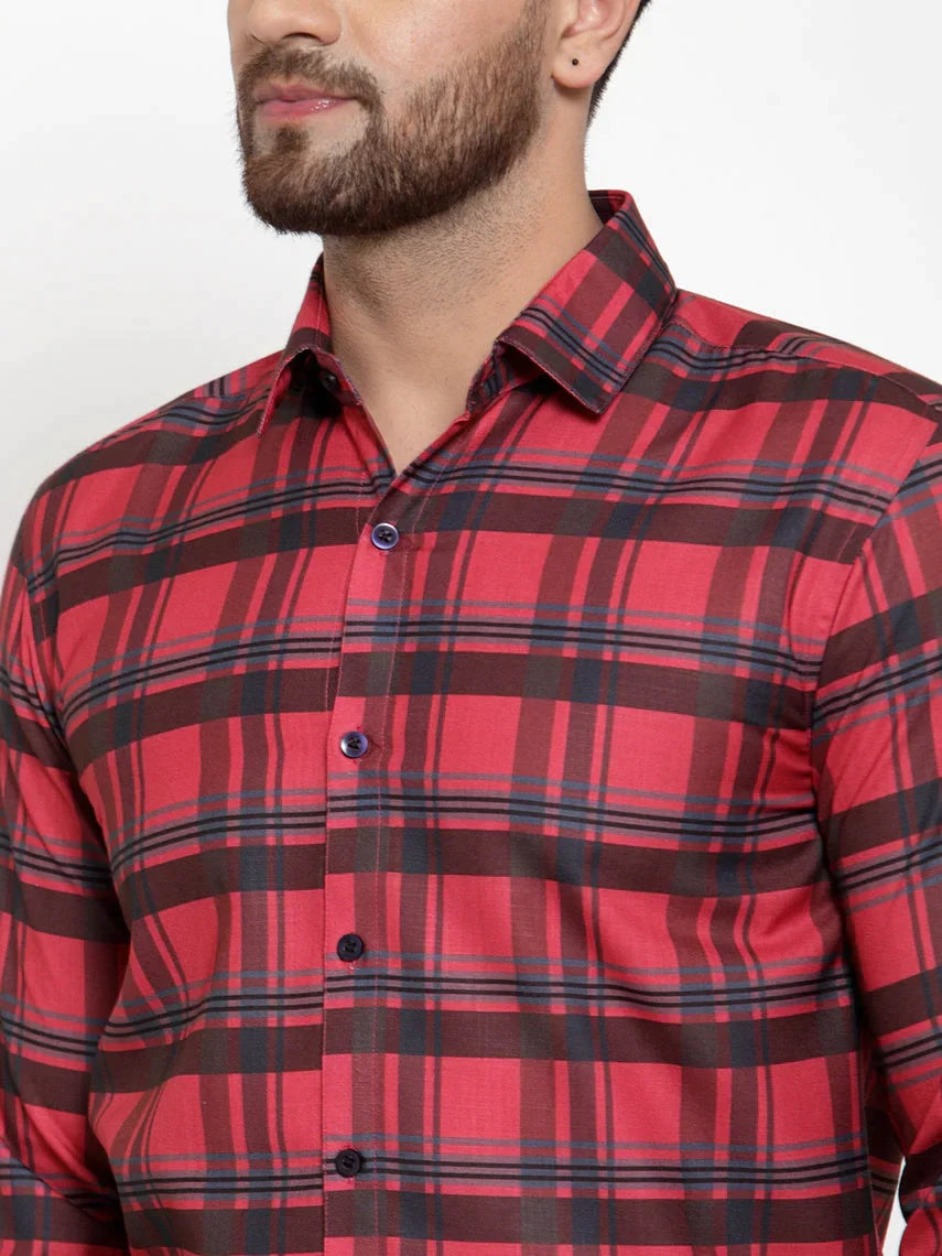 Men's Red Cotton Checked Formal Shirt's - Taantav