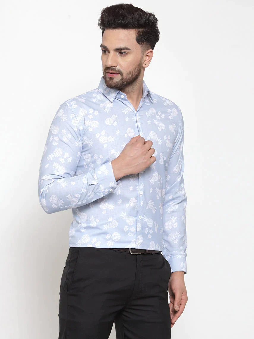 Men's Blue Cotton Printed Formal Shirt's - Taantav