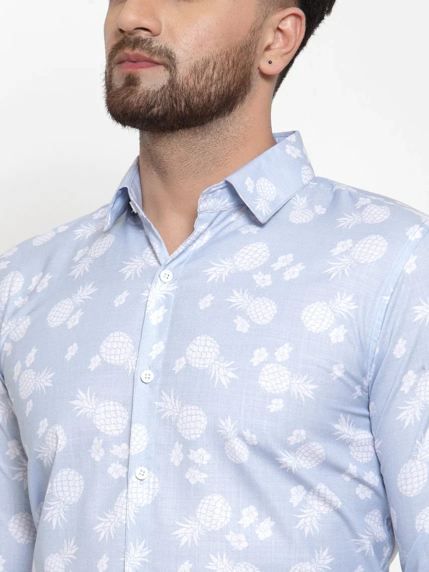 Men's Blue Cotton Printed Formal Shirt's - Taantav