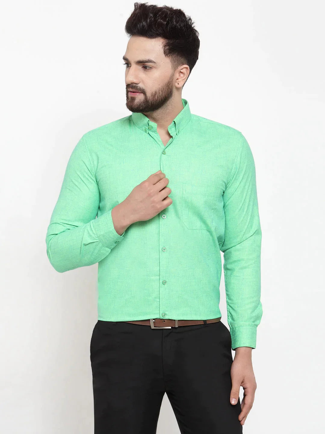 Men's Green Cotton Solid Button Down Formal Shirts - Taantav