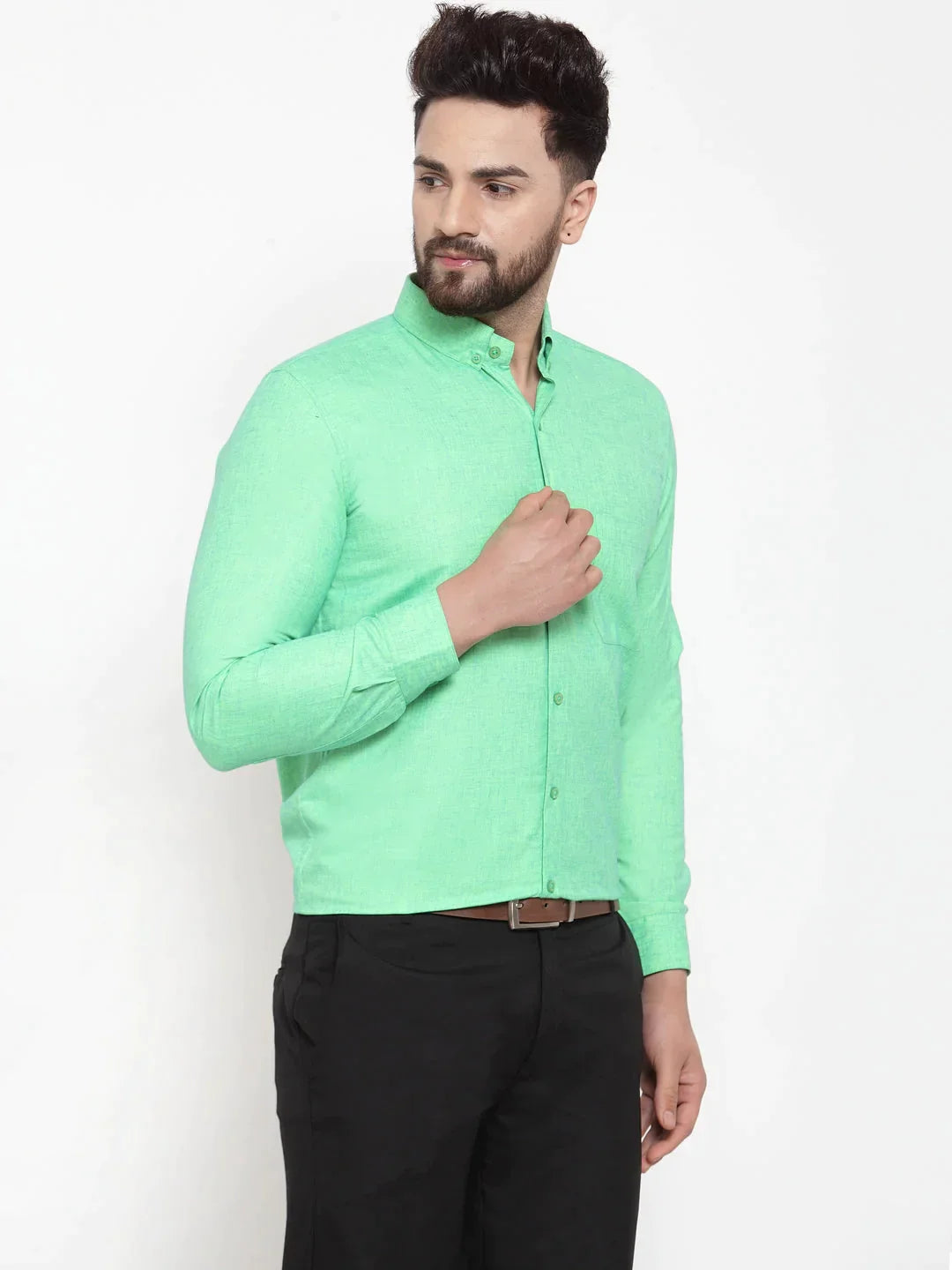 Men's Green Cotton Solid Button Down Formal Shirts - Taantav