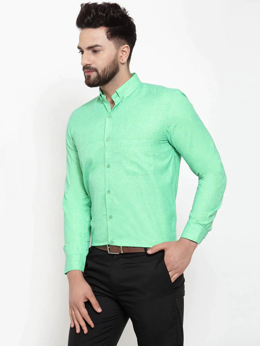 Men's Green Cotton Solid Button Down Formal Shirts - Taantav