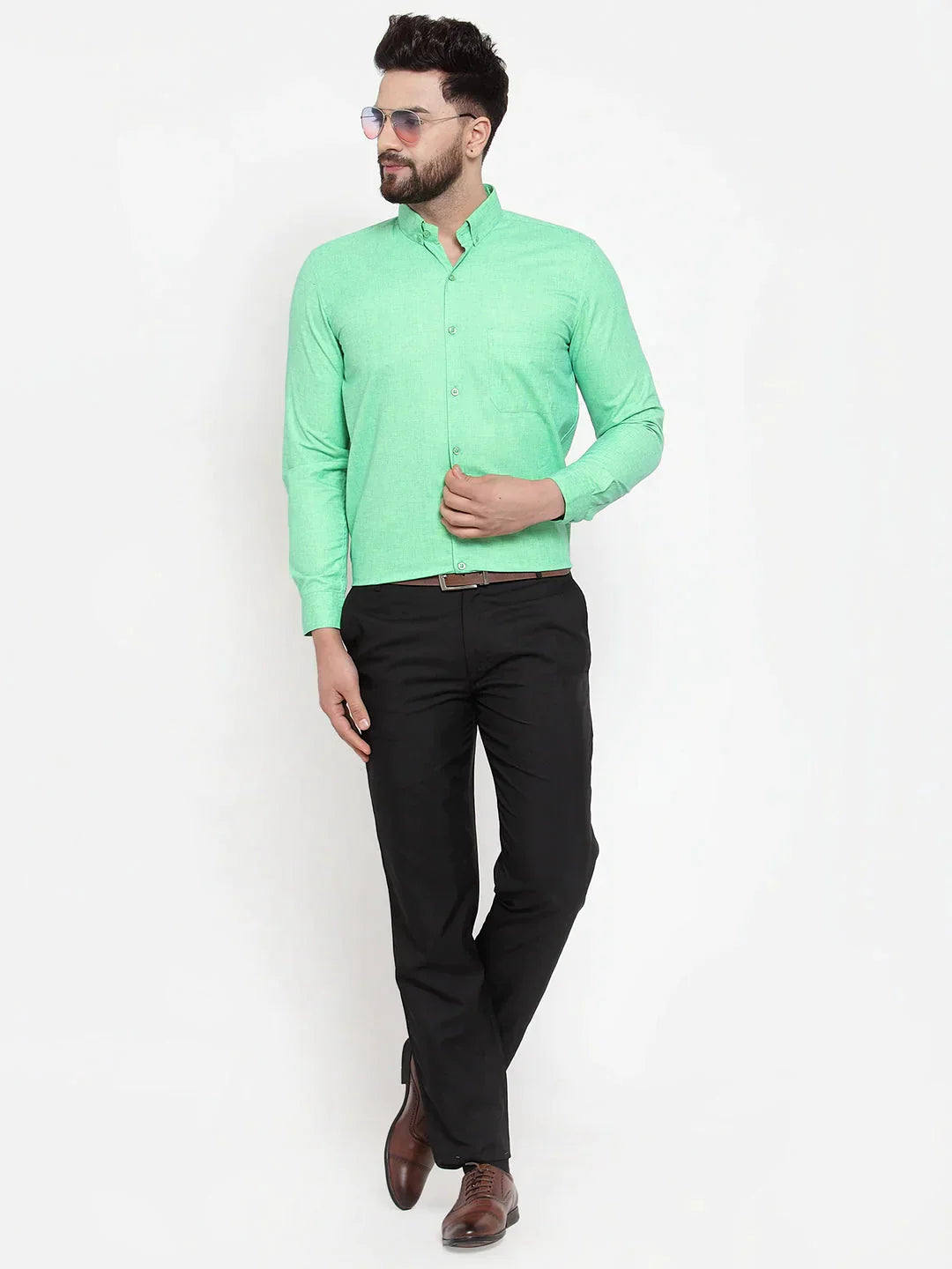 Men's Green Cotton Solid Button Down Formal Shirts - Taantav