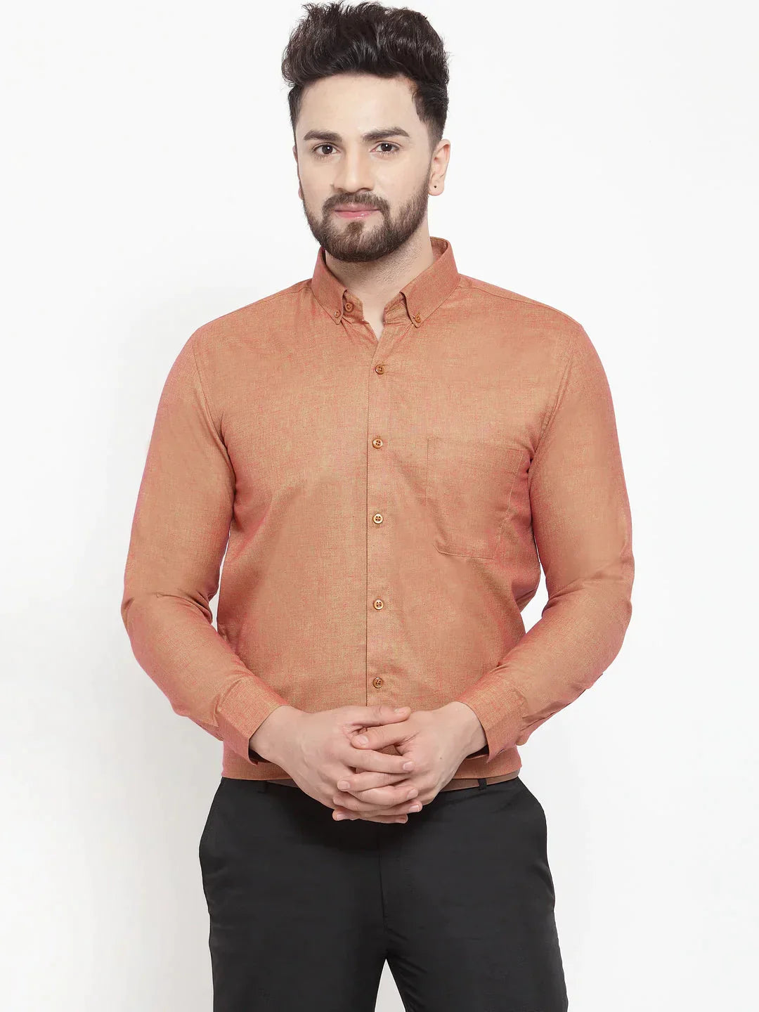 Men's Orange Cotton Solid Button Down Formal Shirts - Taantav