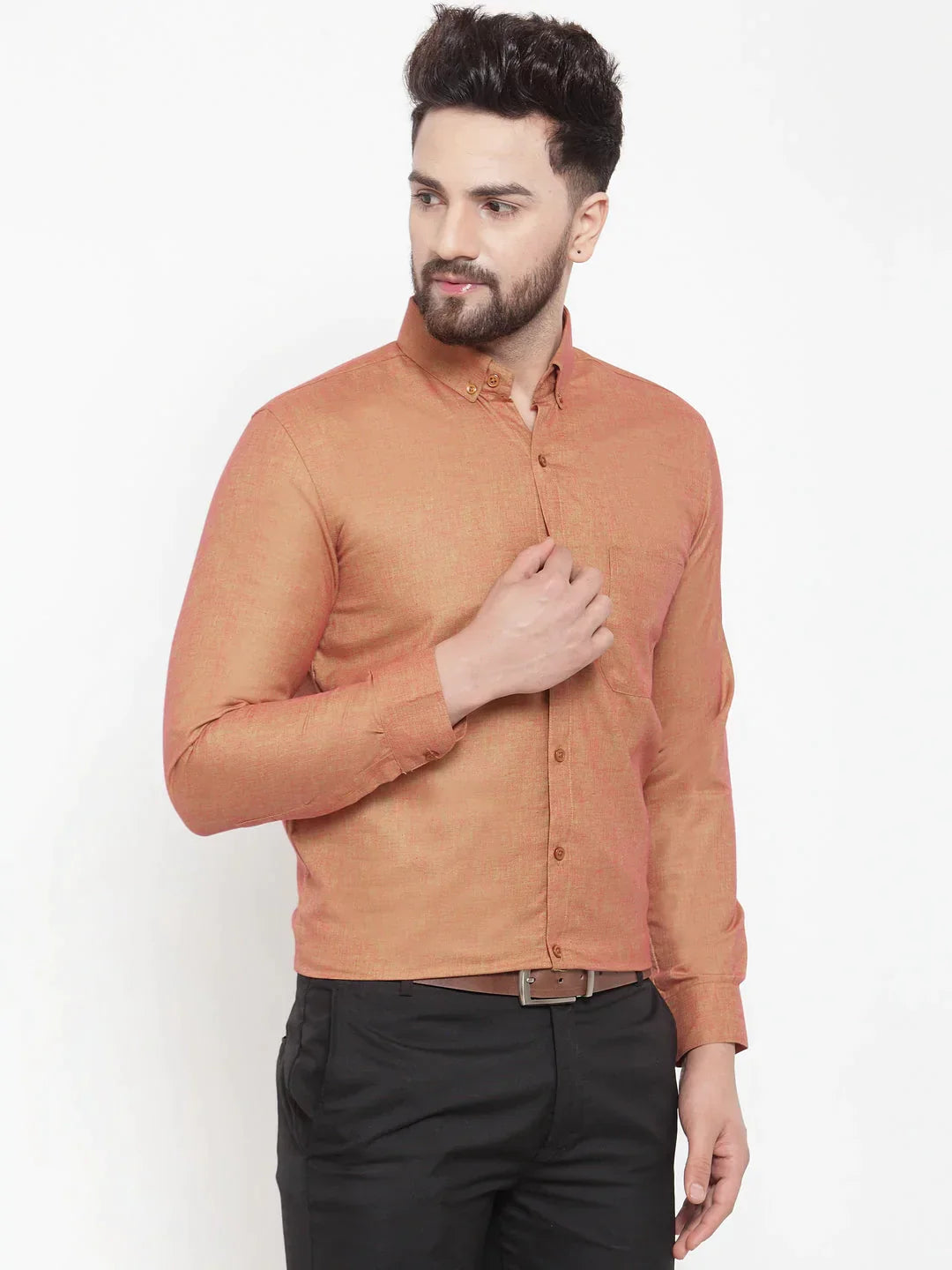 Men's Orange Cotton Solid Button Down Formal Shirts - Taantav