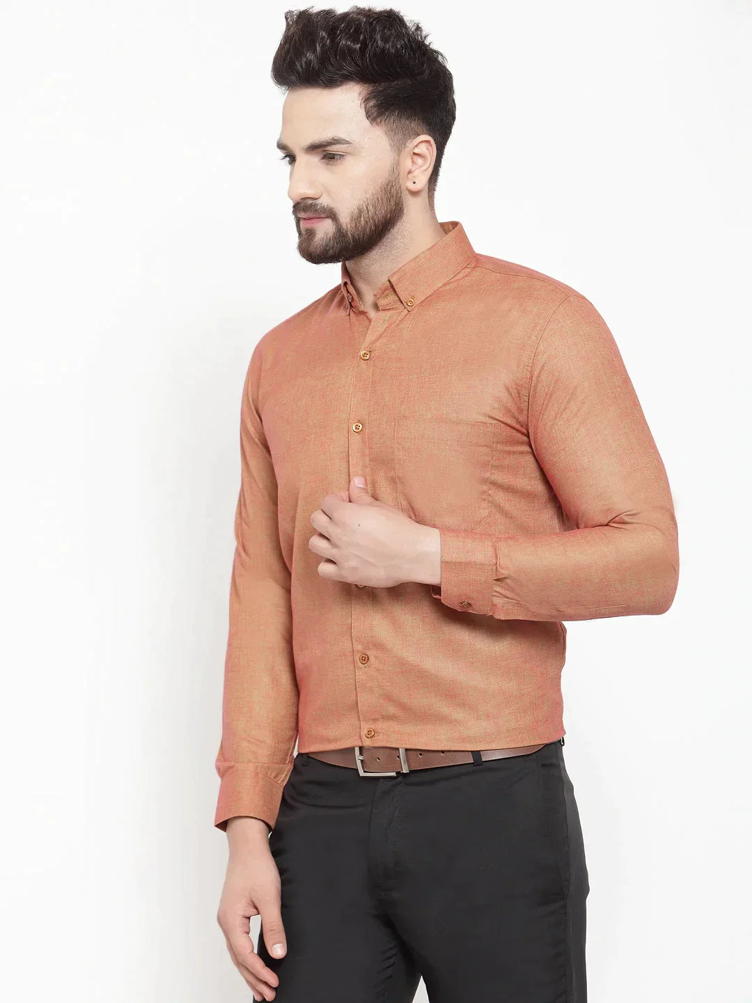 Men's Orange Cotton Solid Button Down Formal Shirts - Taantav