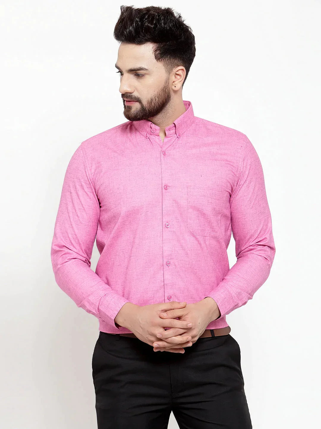 Men's Pink Cotton Solid Button Down Formal Shirts - Taantav