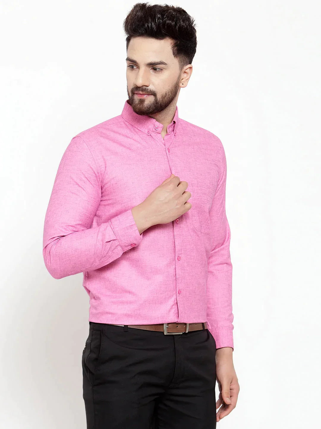 Men's Pink Cotton Solid Button Down Formal Shirts - Taantav