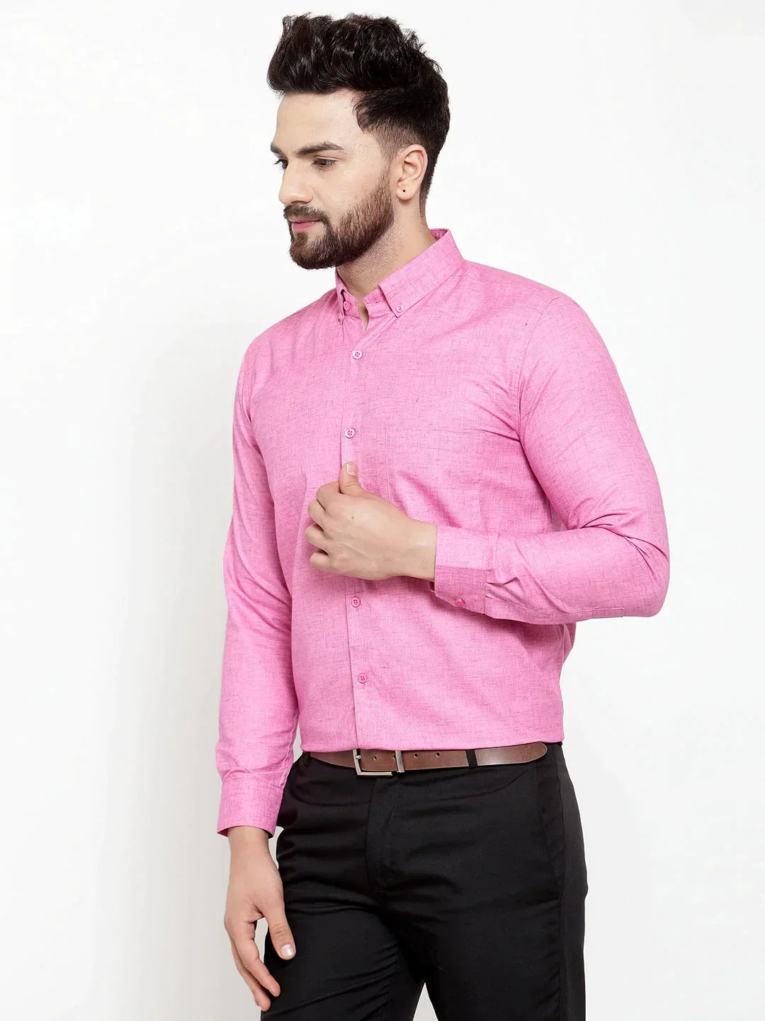 Men's Pink Cotton Solid Button Down Formal Shirts - Taantav