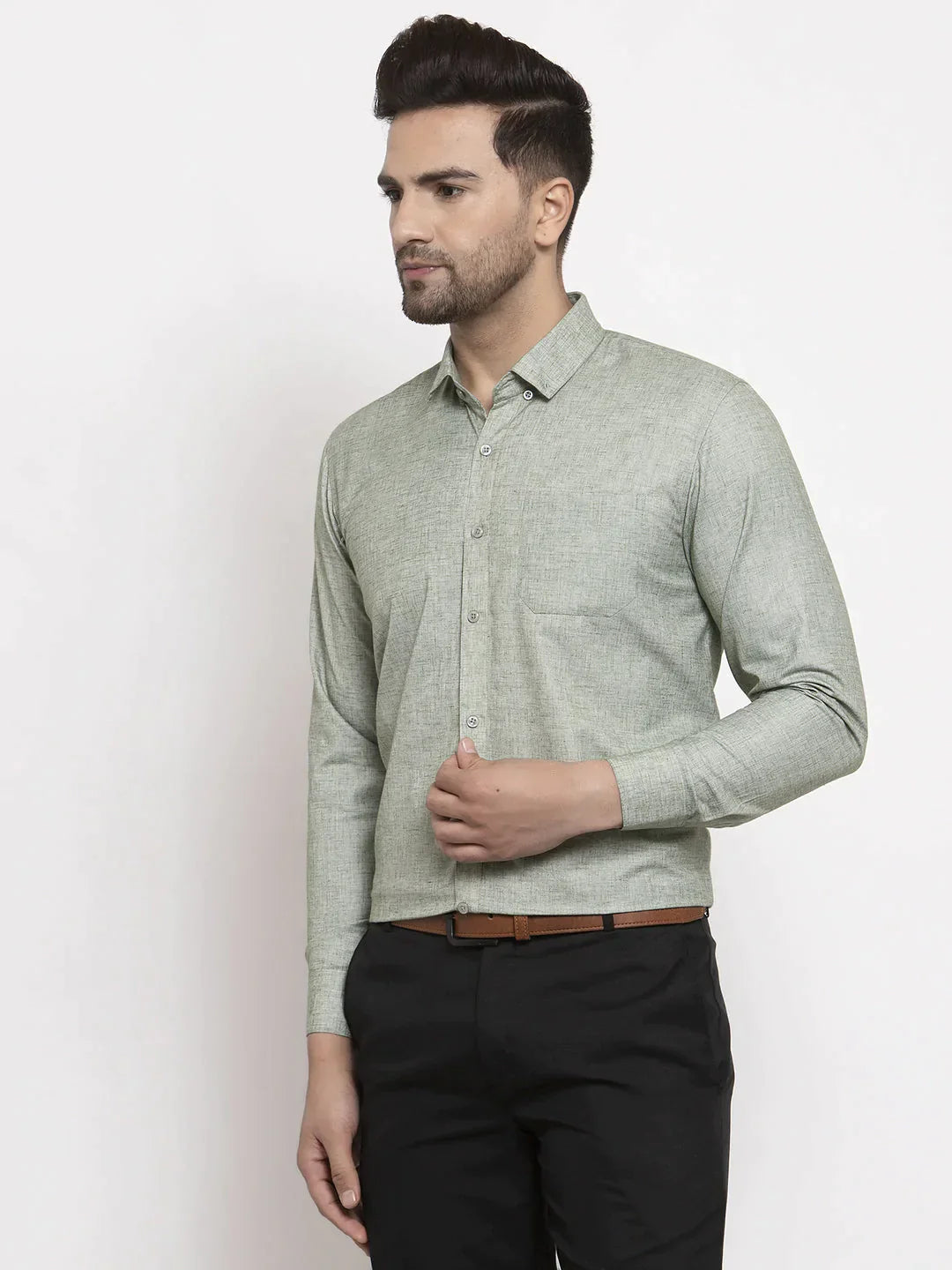 Men's Green Cotton Solid Button Down Formal Shirts - Taantav