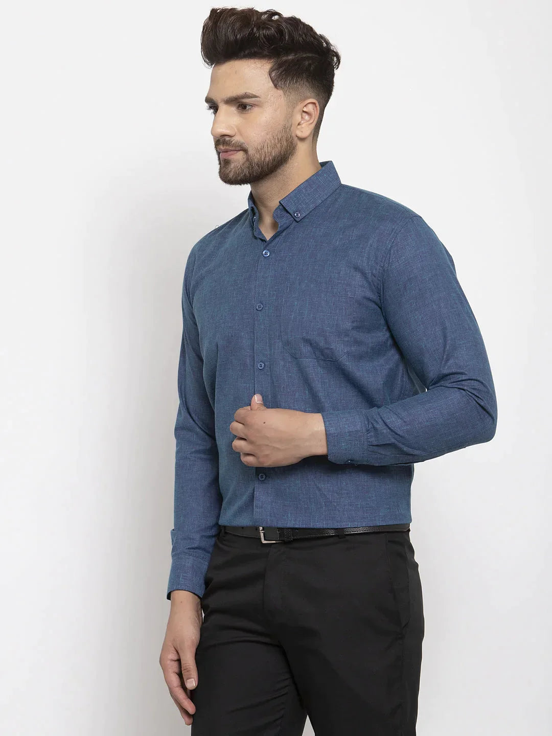 Men's Blue Cotton Solid Button Down Formal Shirts - Taantav