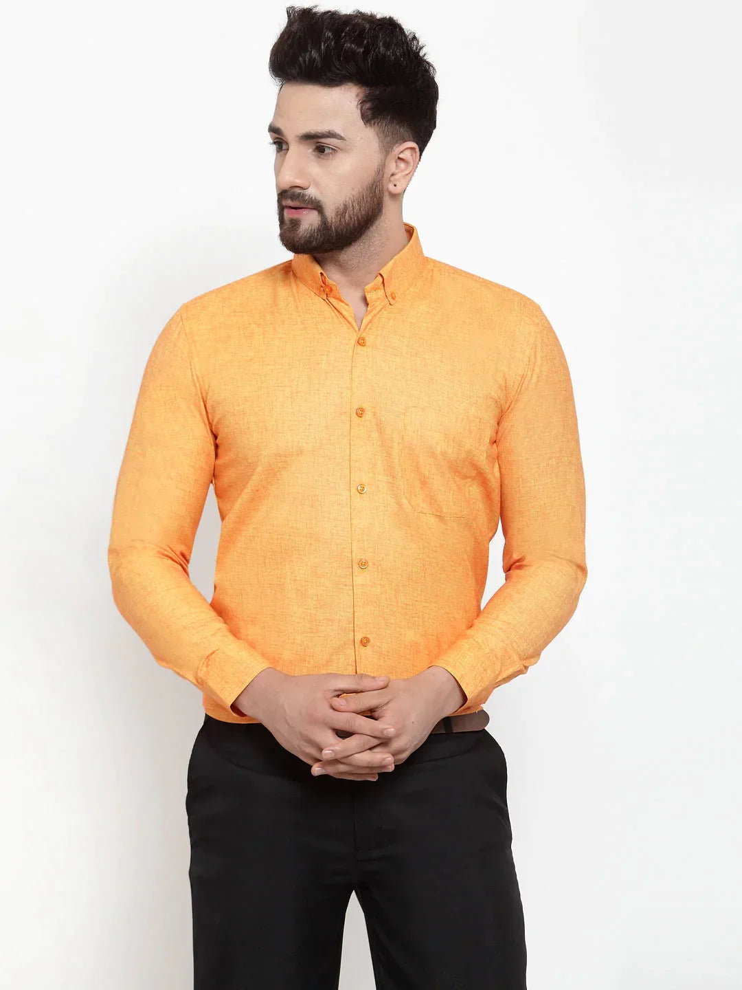 Men's Yellow Cotton Solid Button Down Formal Shirts - Taantav