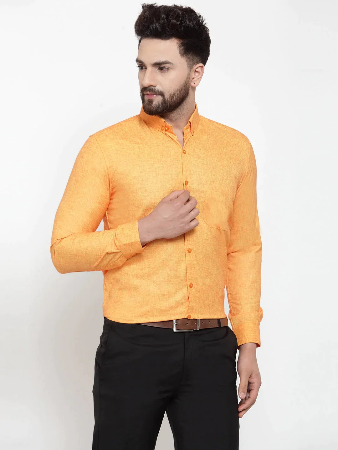 Men's Yellow Cotton Solid Button Down Formal Shirts - Taantav