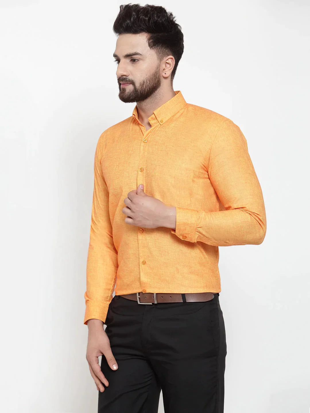 Men's Yellow Cotton Solid Button Down Formal Shirts - Taantav