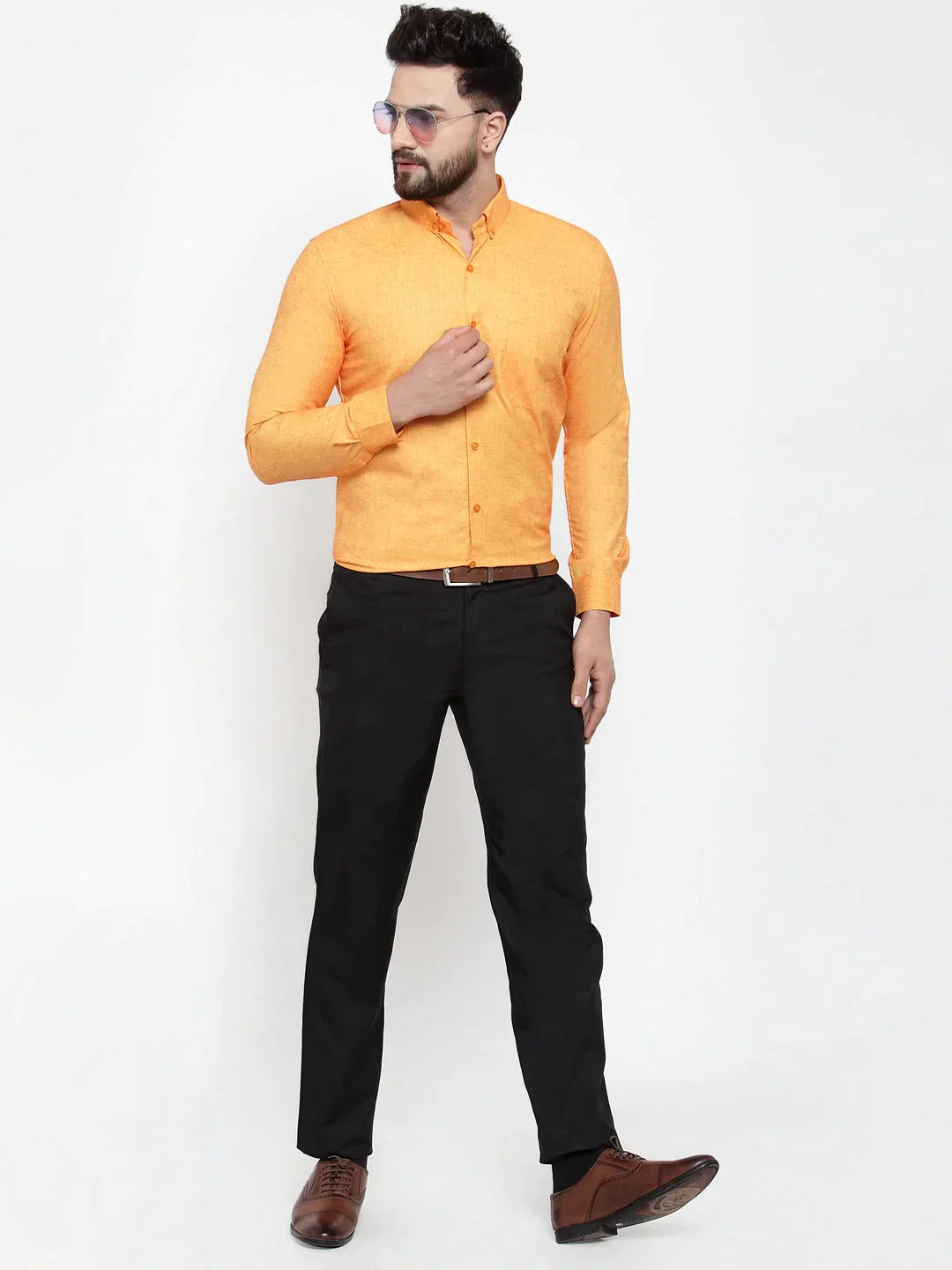 Men's Yellow Cotton Solid Button Down Formal Shirts - Taantav