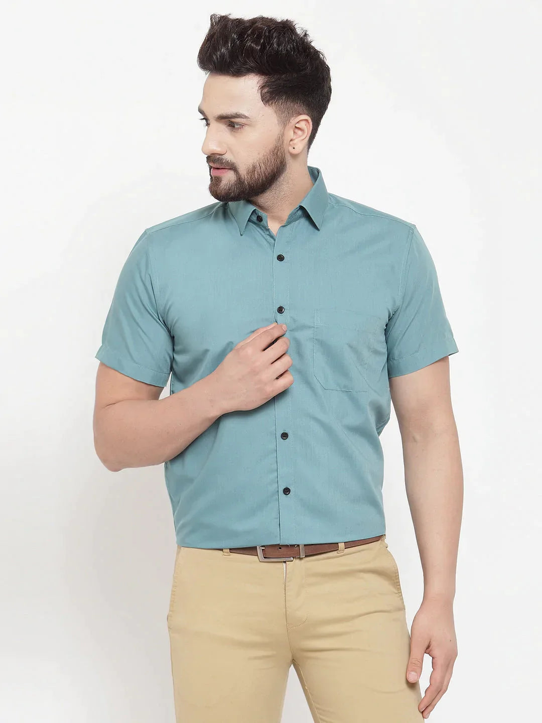 Men's Green Cotton Half Sleeves Solid Formal Shirts - Taantav