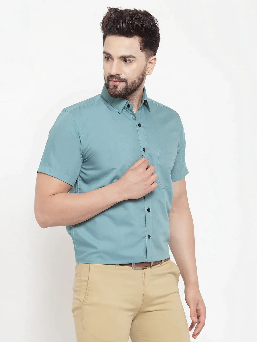 Men's Green Cotton Half Sleeves Solid Formal Shirts - Taantav