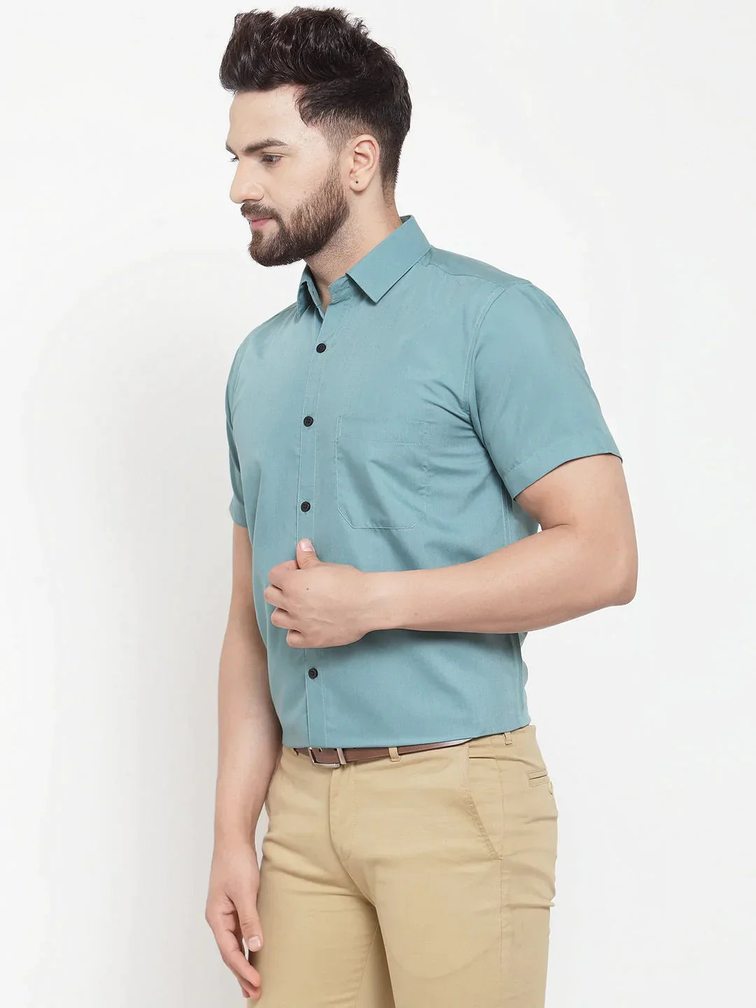 Men's Green Cotton Half Sleeves Solid Formal Shirts - Taantav