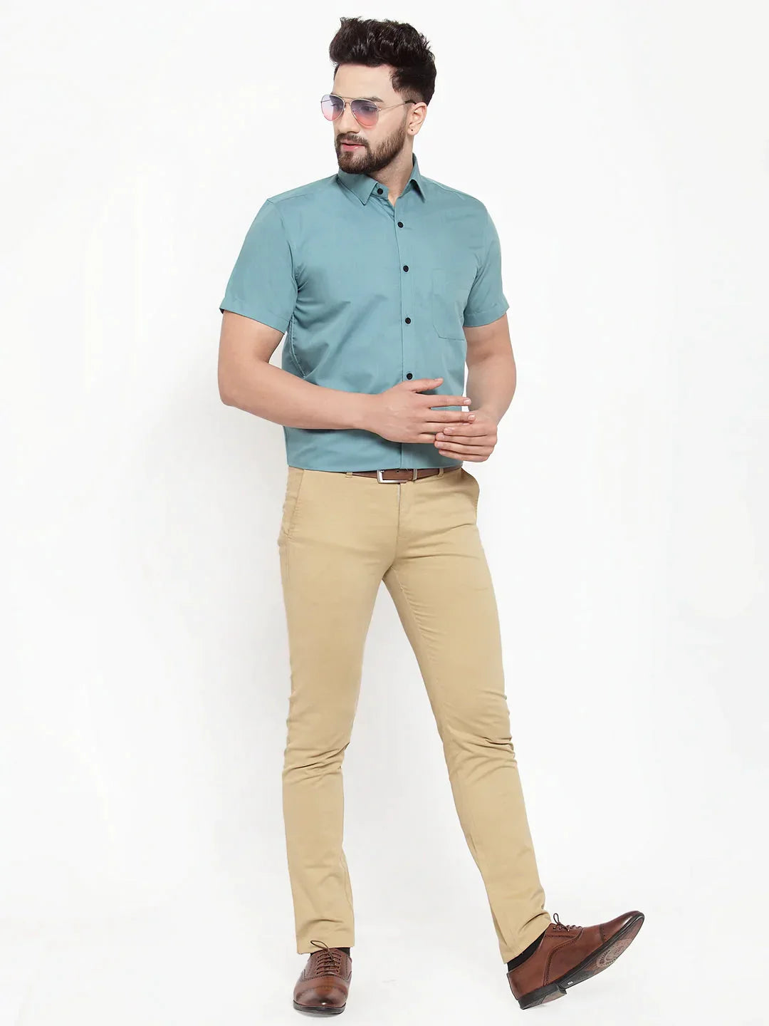 Men's Green Cotton Half Sleeves Solid Formal Shirts - Taantav