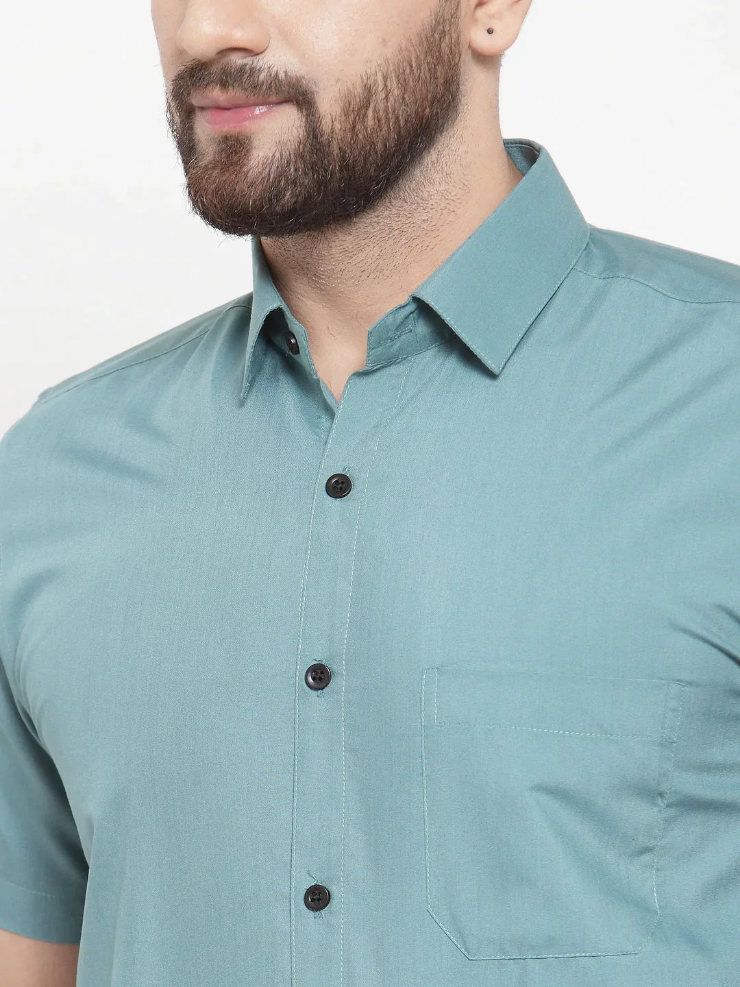 Men's Green Cotton Half Sleeves Solid Formal Shirts - Taantav