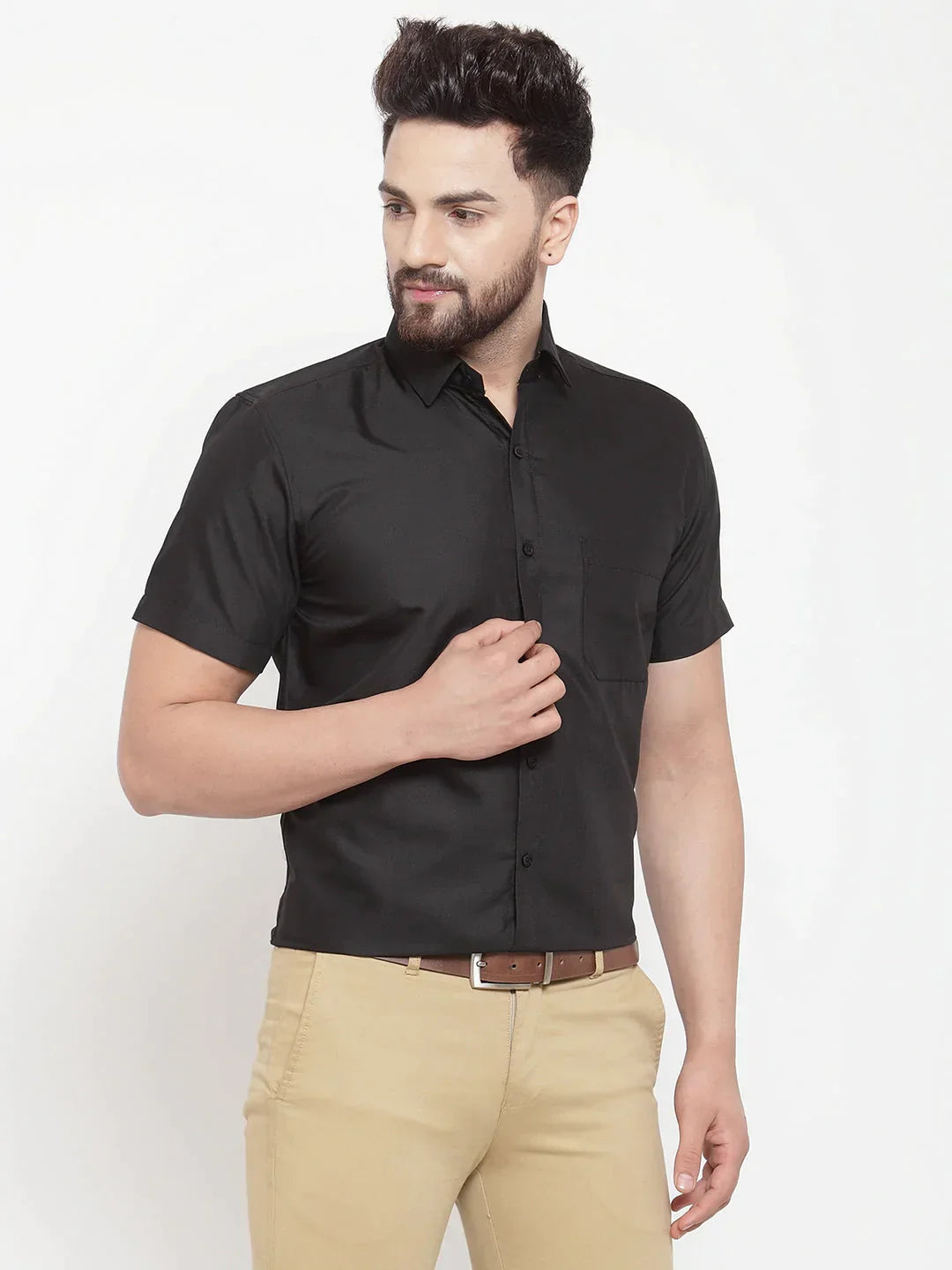 Men's Black Cotton Half Sleeves Solid Formal Shirts - Taantav