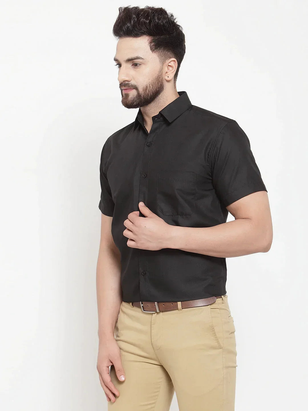 Men's Black Cotton Half Sleeves Solid Formal Shirts - Taantav