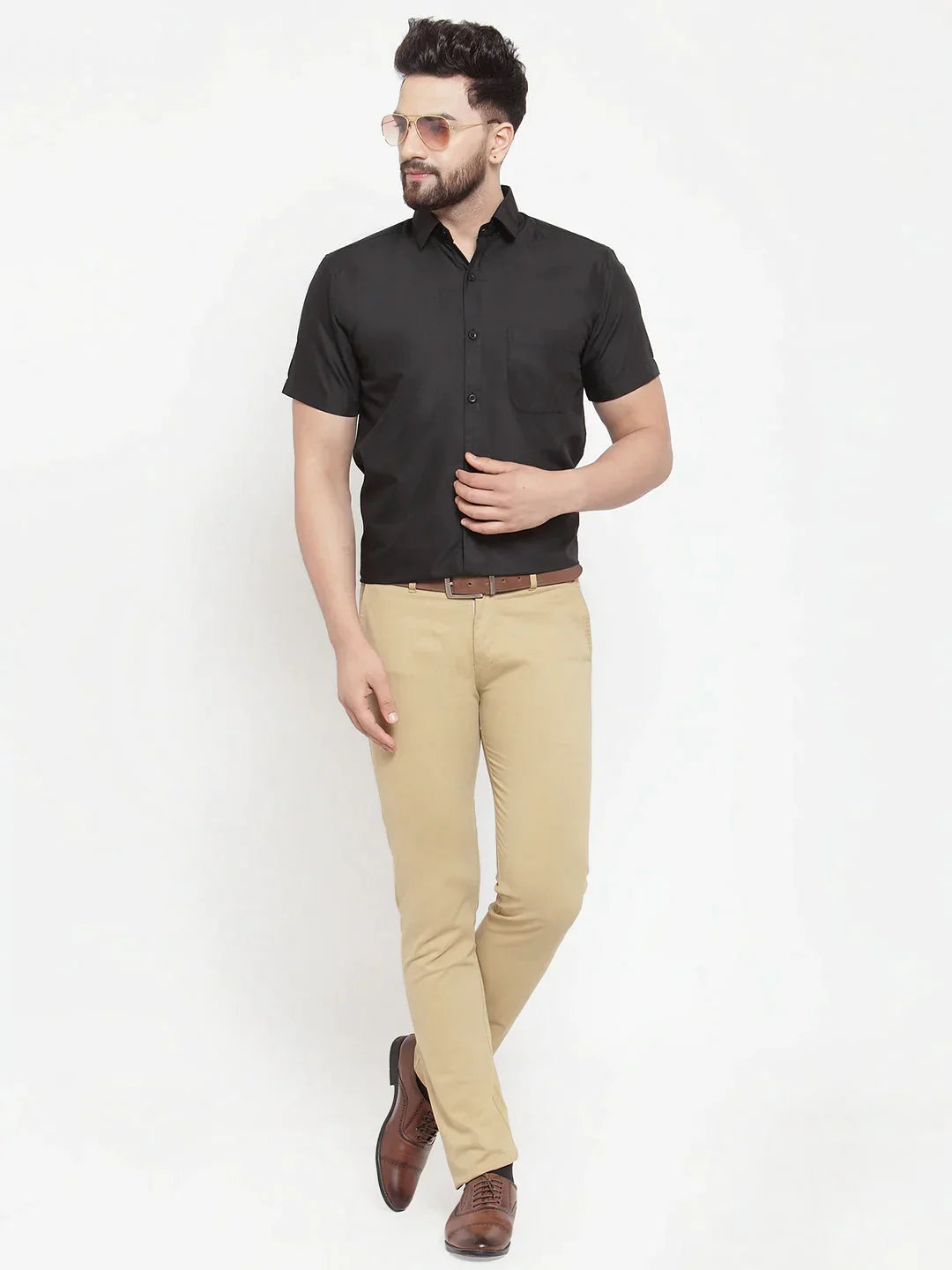 Men's Black Cotton Half Sleeves Solid Formal Shirts - Taantav