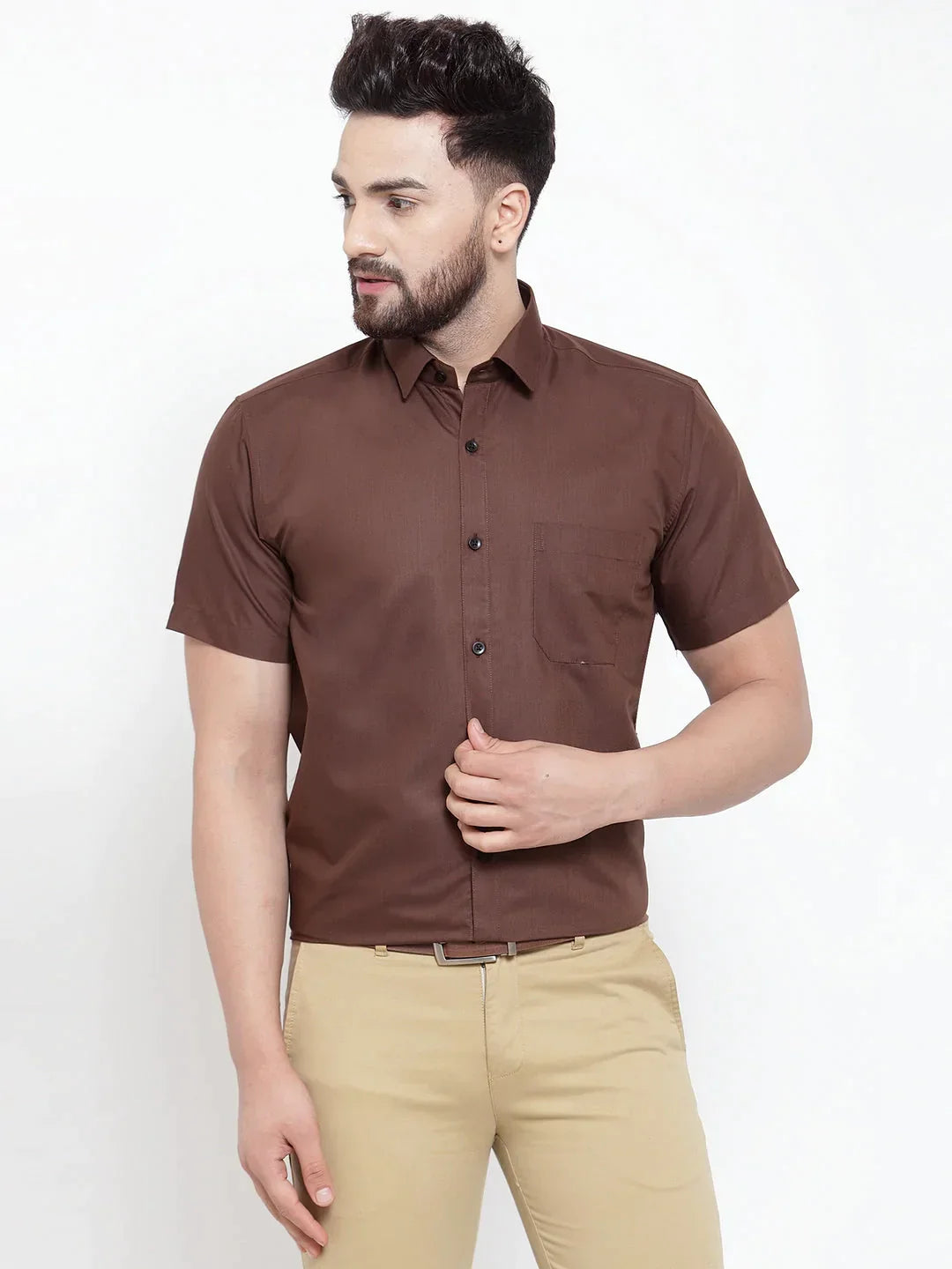 Men's Brown Cotton Half Sleeves Solid Formal Shirts - Taantav