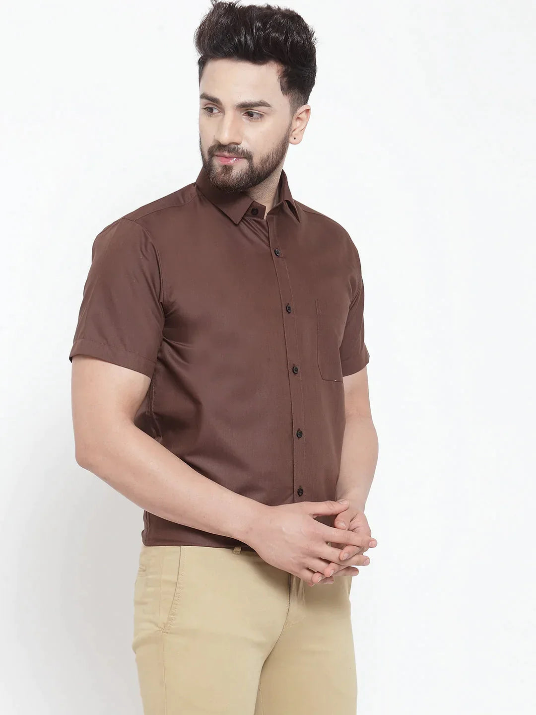 Men's Brown Cotton Half Sleeves Solid Formal Shirts - Taantav