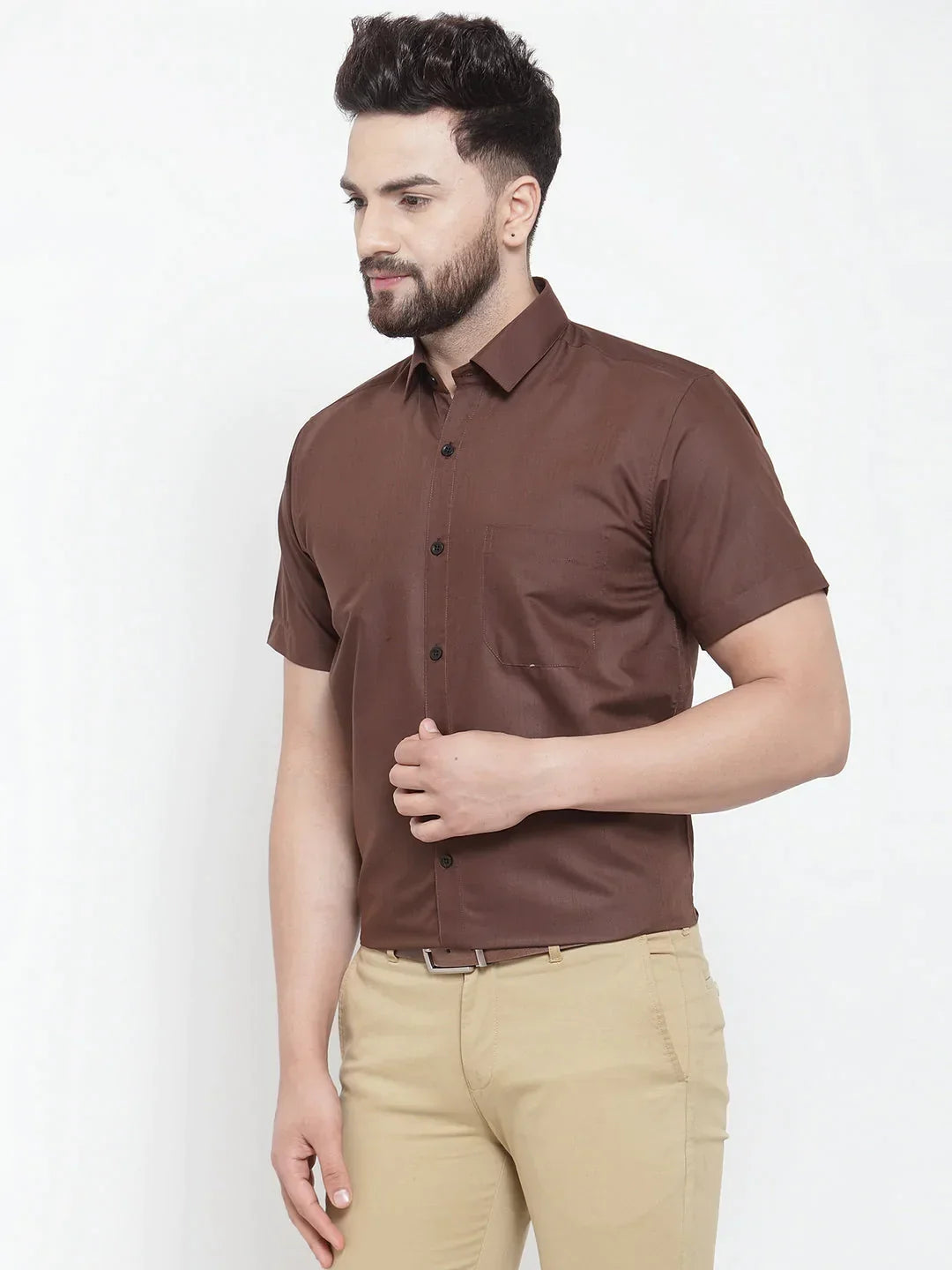 Men's Brown Cotton Half Sleeves Solid Formal Shirts - Taantav