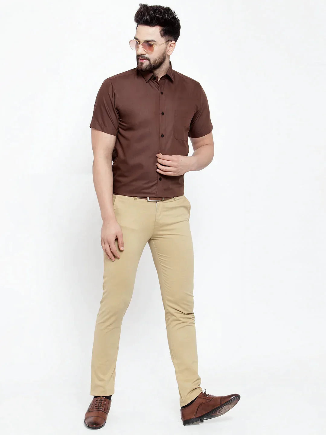 Men's Brown Cotton Half Sleeves Solid Formal Shirts - Taantav