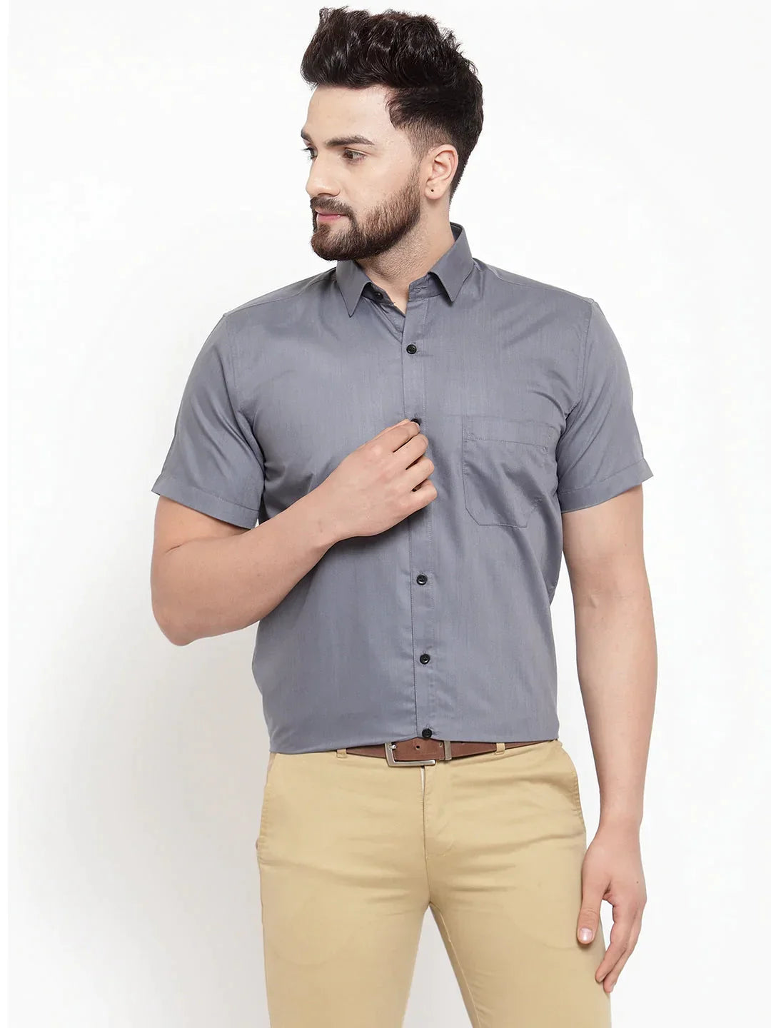 Men's Grey Cotton Half Sleeves Solid Formal Shirts - Taantav