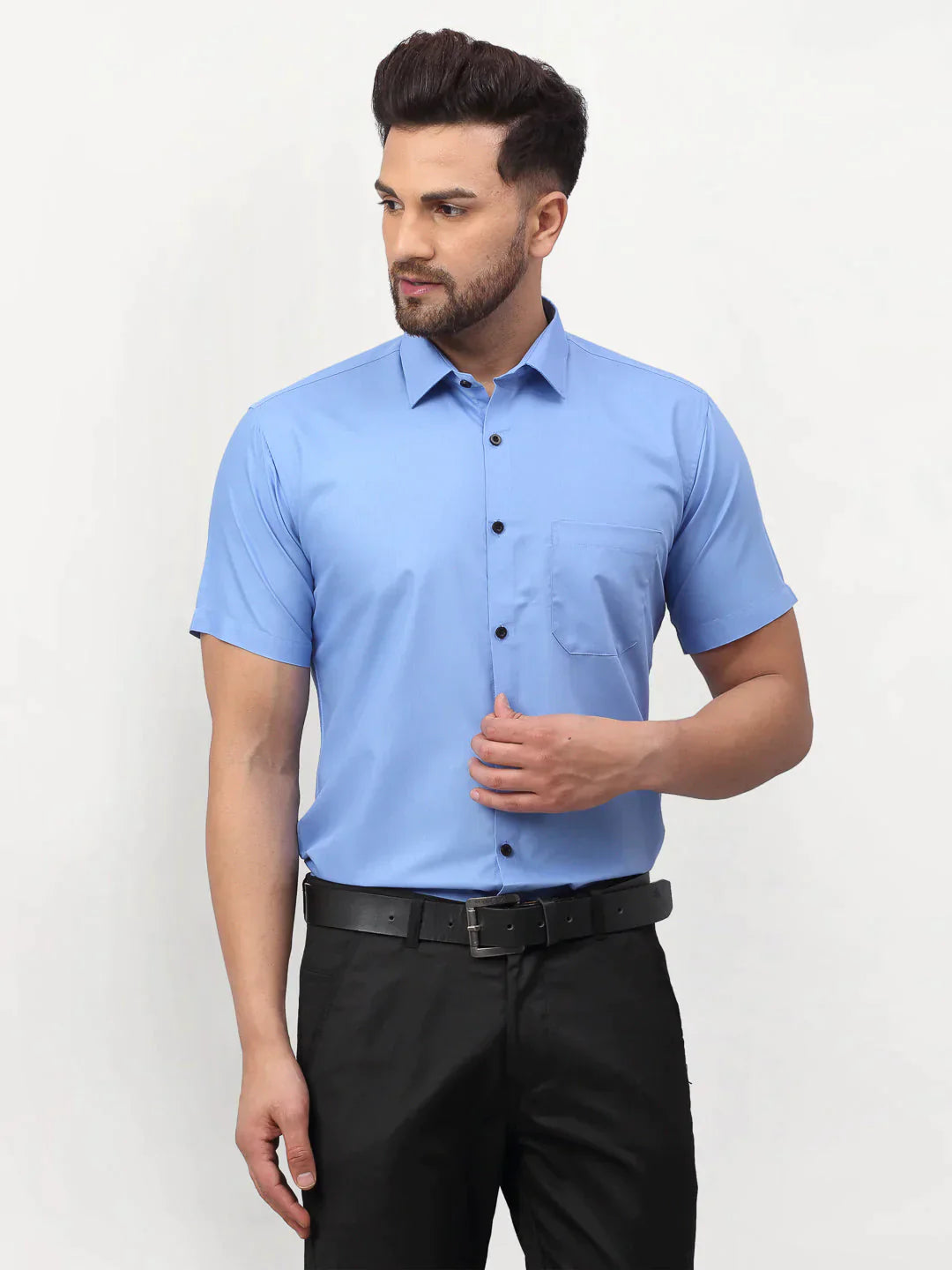 Men's Blue Cotton Half Sleeves Solid Formal Shirts - Taantav