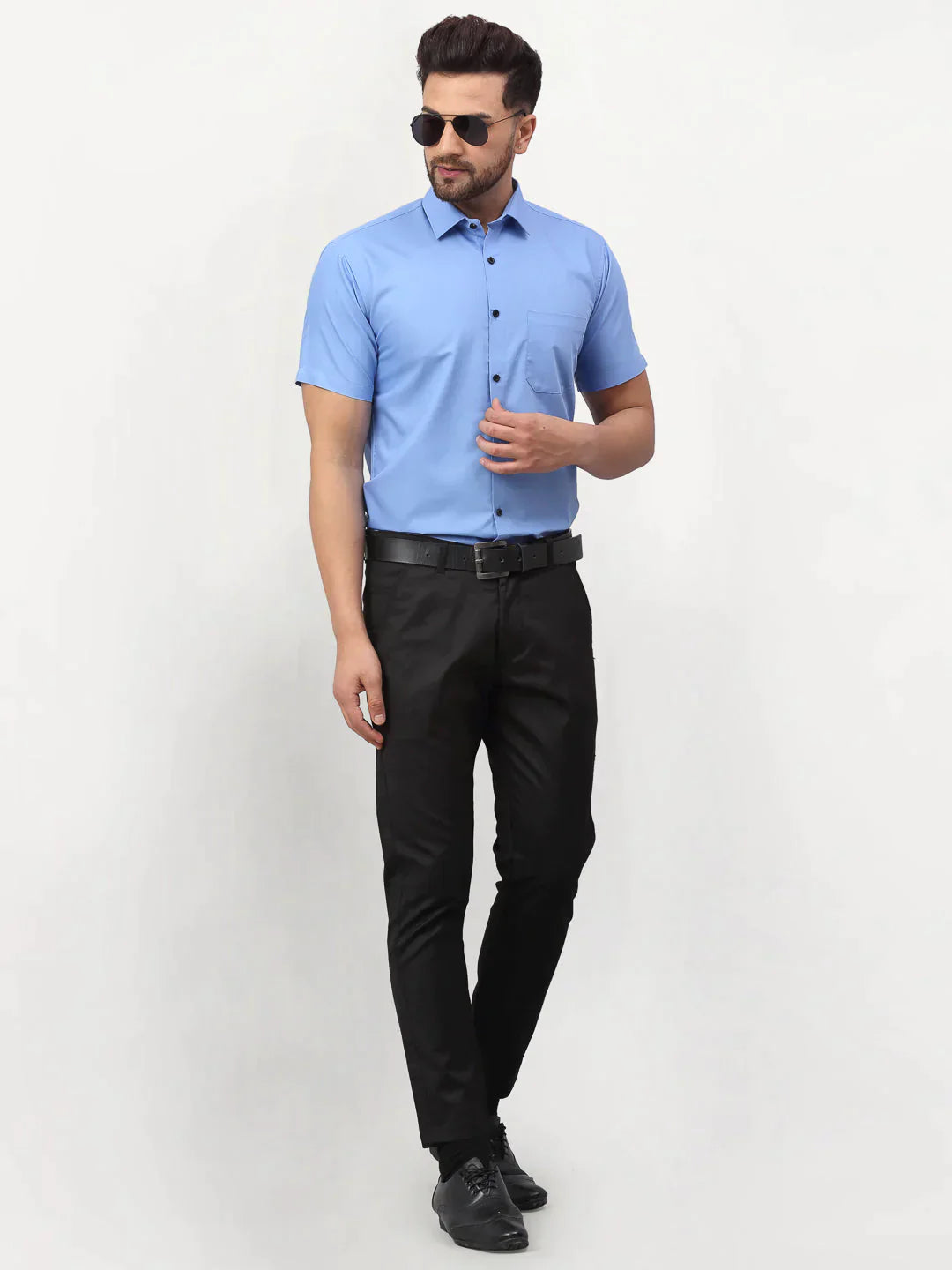 Men's Blue Cotton Half Sleeves Solid Formal Shirts - Taantav