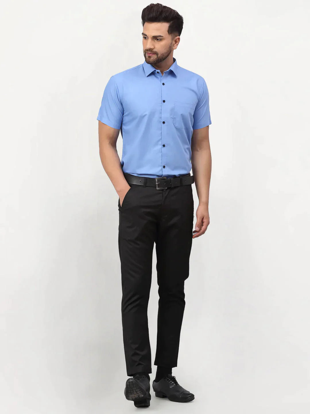 Men's Blue Cotton Half Sleeves Solid Formal Shirts - Taantav