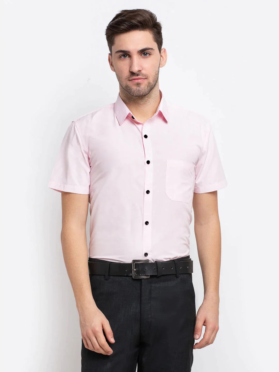 Men's Pink Cotton Half Sleeves Solid Formal Shirts - Taantav