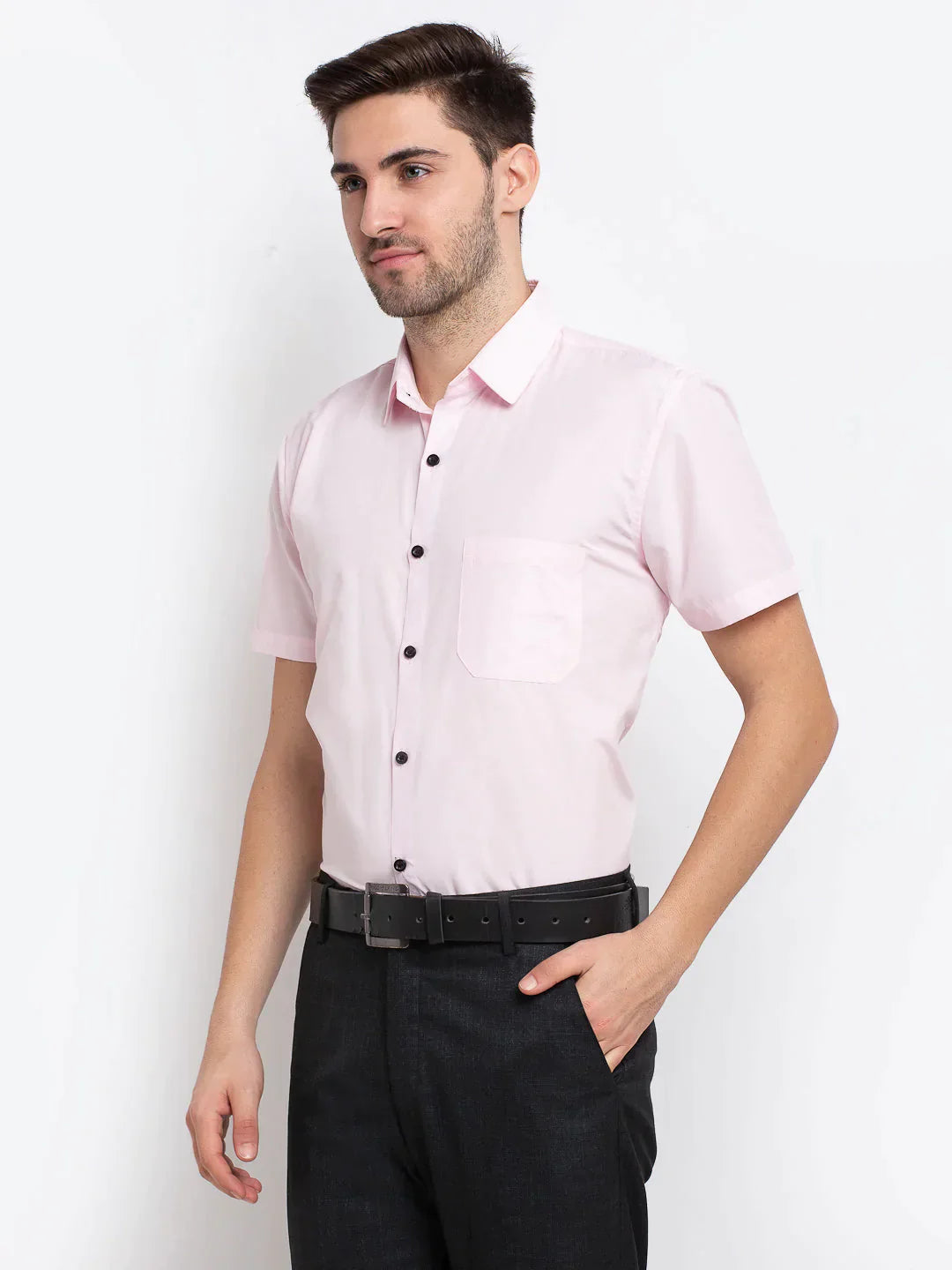 Men's Pink Cotton Half Sleeves Solid Formal Shirts - Taantav