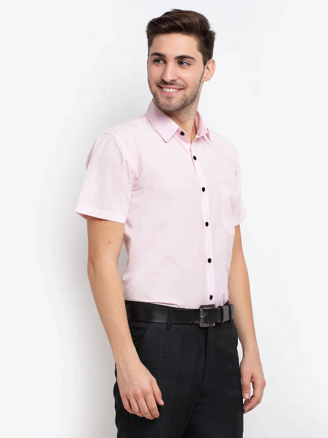 Men's Pink Cotton Half Sleeves Solid Formal Shirts - Taantav