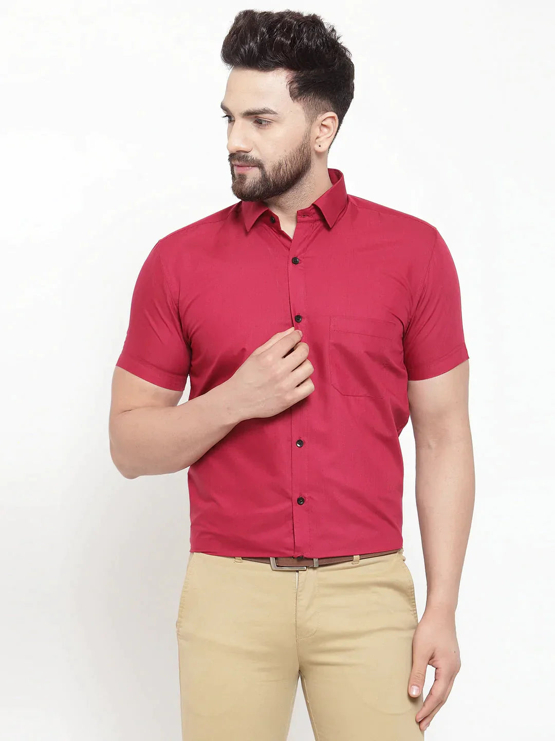 Men's Maroon Cotton Half Sleeves Solid Formal Shirts - Taantav