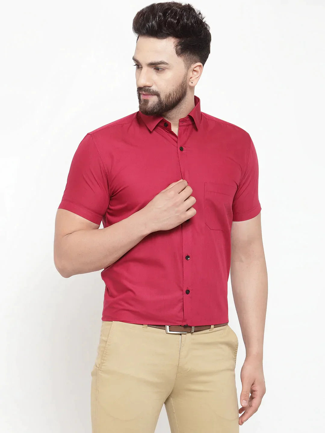 Men's Maroon Cotton Half Sleeves Solid Formal Shirts - Taantav