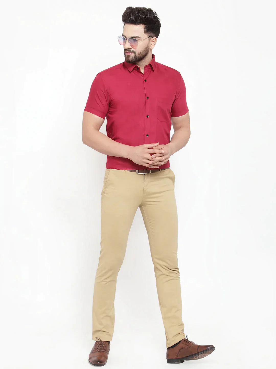 Men's Maroon Cotton Half Sleeves Solid Formal Shirts - Taantav