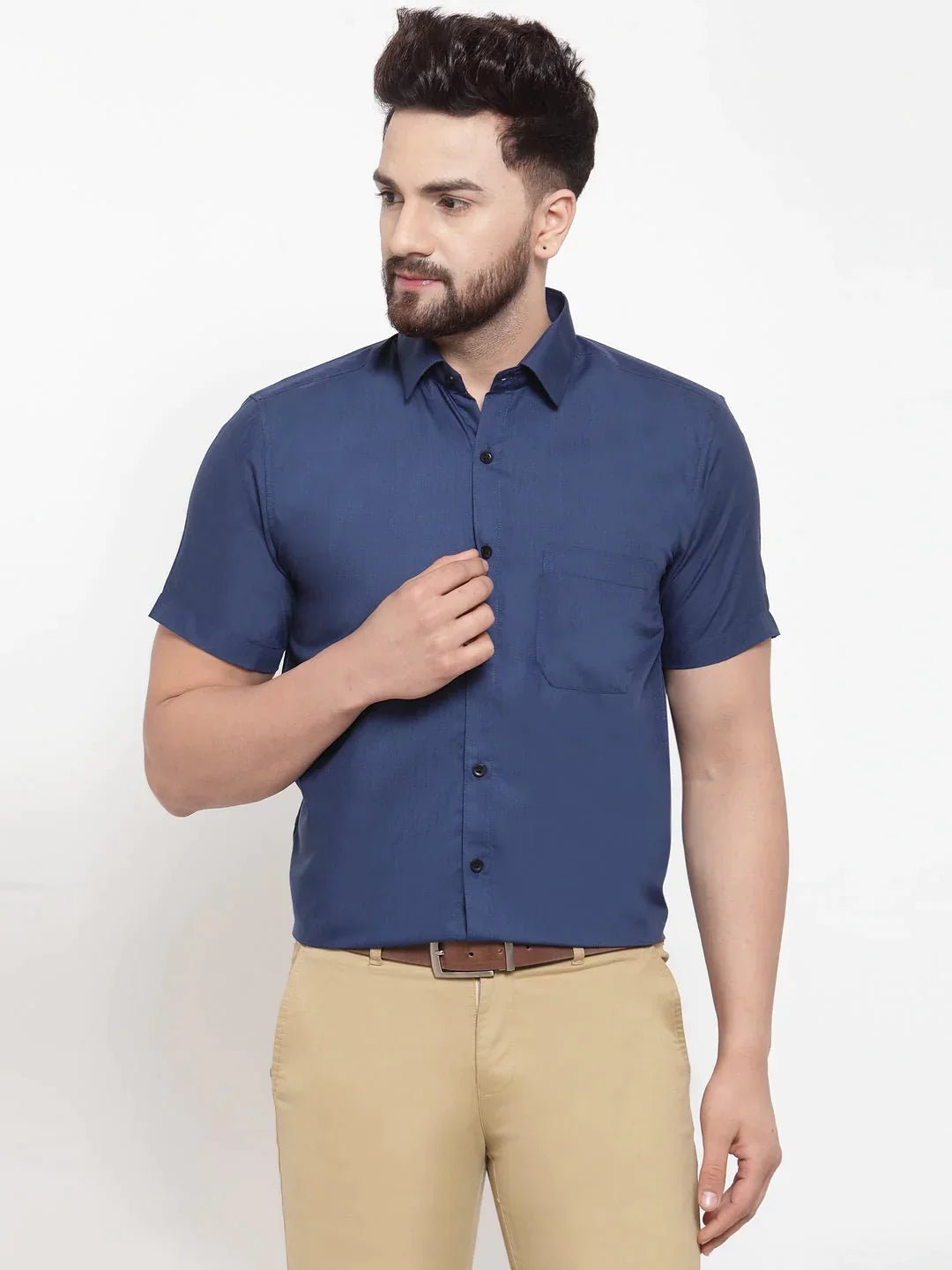 Men's Blue Cotton Half Sleeves Solid Formal Shirts - Taantav