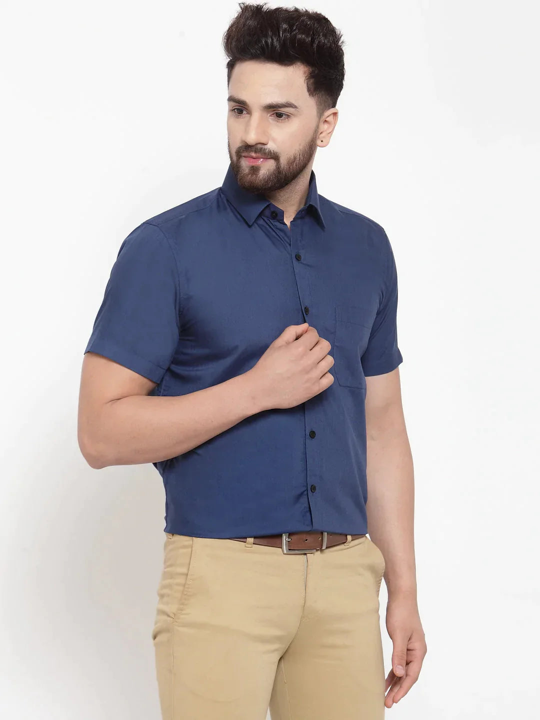 Men's Blue Cotton Half Sleeves Solid Formal Shirts - Taantav