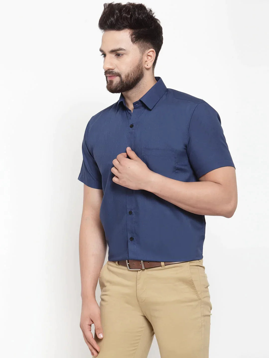 Men's Blue Cotton Half Sleeves Solid Formal Shirts - Taantav