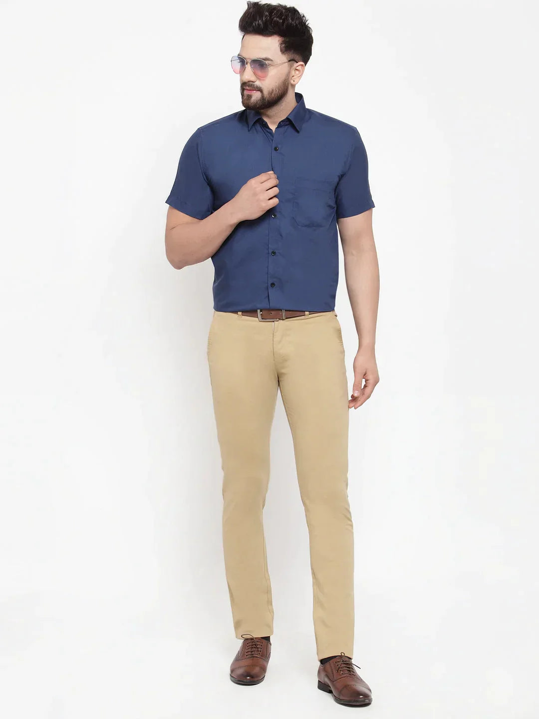 Men's Blue Cotton Half Sleeves Solid Formal Shirts - Taantav