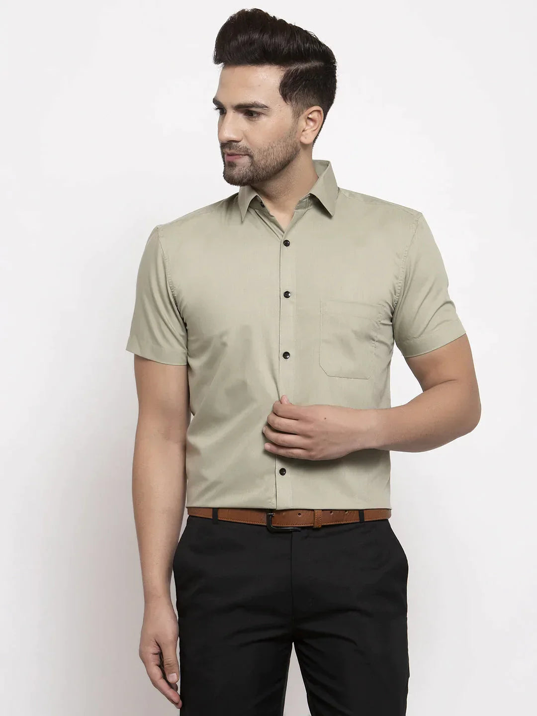 Men's Green Cotton Half Sleeves Solid Formal Shirts - Taantav