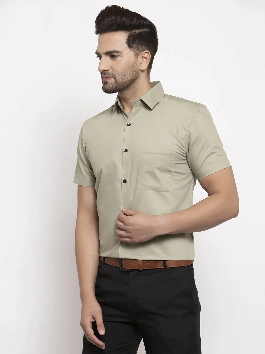 Men's Green Cotton Half Sleeves Solid Formal Shirts - Taantav