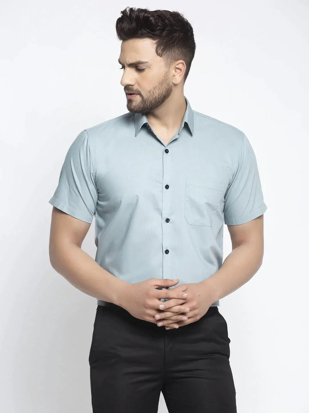 Men's Green Cotton Half Sleeves Solid Formal Shirts - Taantav