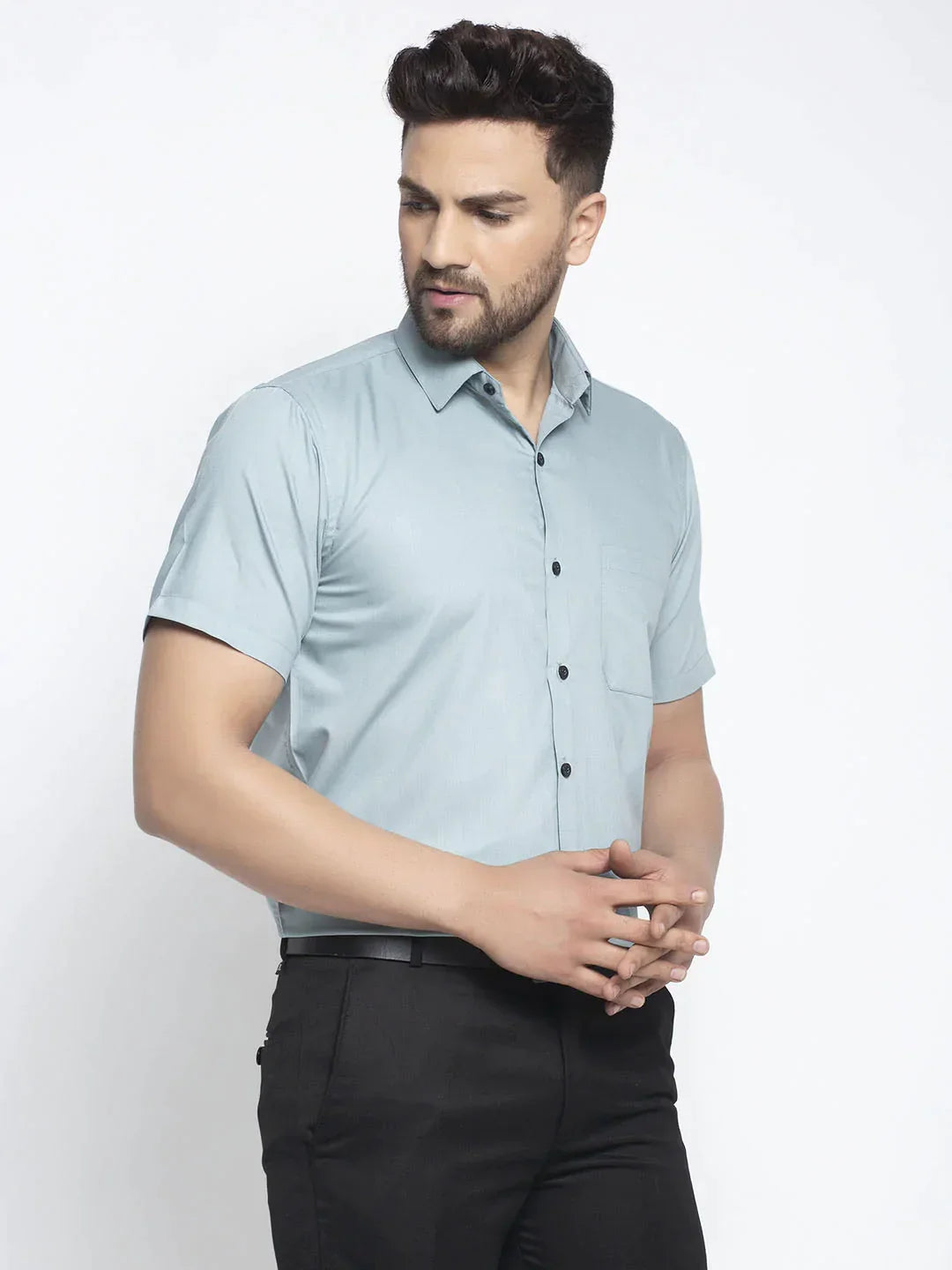 Men's Green Cotton Half Sleeves Solid Formal Shirts - Taantav