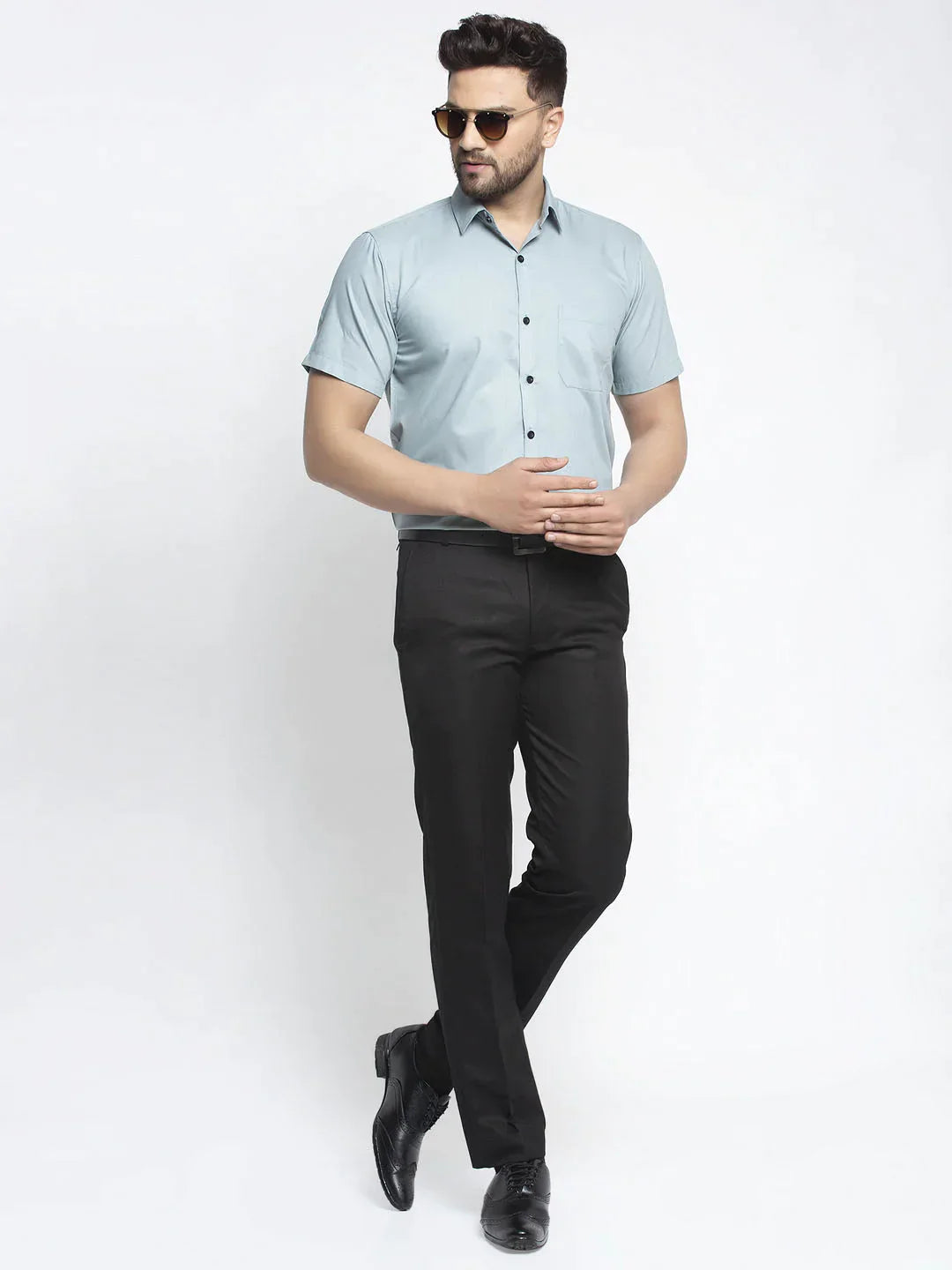 Men's Green Cotton Half Sleeves Solid Formal Shirts - Taantav